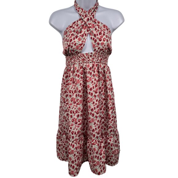 Pink Floral Criss Cross Halter Summer Dress Size Large - Picture 8 of 10